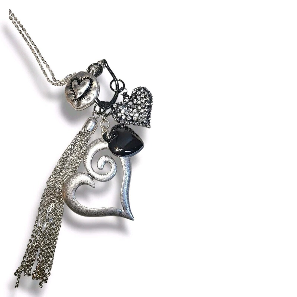 Silver Tone Heart Charm Trinket Pendant Necklace 32"-35" - Picture 8 of 8